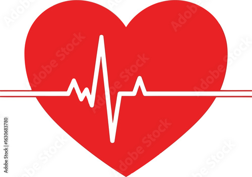 Vector art of red heart with a white electrocardiogram line representing health, life, and medical care