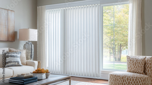 Blinds are window coverings made of horizontal or vertical slats that can be adjusted to control light and privacy. 