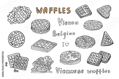 Large set of Viennese waffles in various shapes and with different fillings. Vienna and Belgian waffles. Breakfast. Dessert. Hand drawn