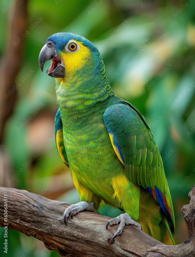 Obraz premium A vibrant green parrot with blue ,green, red and yellow feathers perched on a tree branch, with a lush green background in a close-up shot