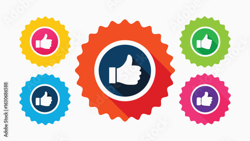 Recommended Thumbs Up, Like Icon Set, Colorful Round Vector Badges for Product Approval, Ratings, Reviews, and Quality Assurance Tags