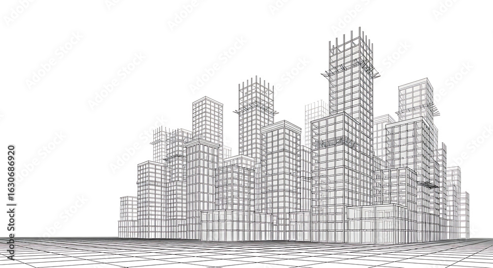 Obraz premium Detailed architectural sketch of a dense city skyline with numerous skyscrapers and buildings rendered in black ink on a white background