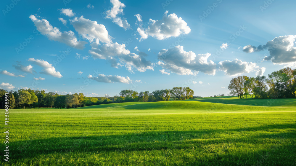 Obraz premium Serene green field with trees under a bright blue sky dotted with fluffy white clouds, a peaceful landscape.