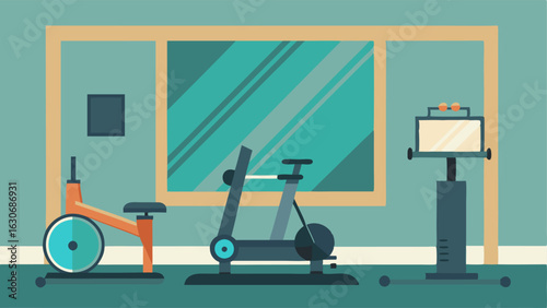 A home gym with a mirrored wall and a retro exercise bike with builtin screens for virtual workout classes.