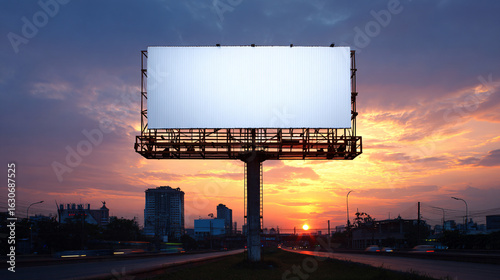 A large blank billboard stands silhouetted against a dramatic sunset over a city highway.