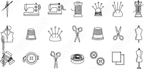 Collection of hand drawn sewing and tailoring tools and equipment