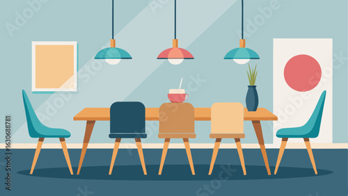 A minimalist dining room with a mix of retro and Scandinavian chairs around a sleek wooden table accented by a vintage pendant light.