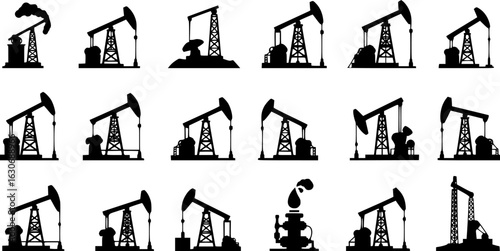 Pump Jack icon vector set. Oil illustration sign. Oil Drilling symbol collection. Oil Pumping logo.
