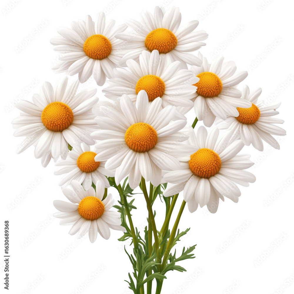Fototapeta premium A beautiful bouquet of fresh white daisies with bright yellow centers and green stems transparent background