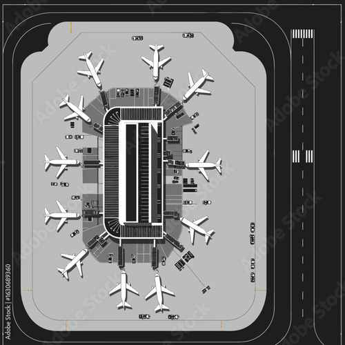 Aerial view of a modern airport terminal with airplanes parked at gates and vehicles on the tarmac, highlighting transportation infrastructure.