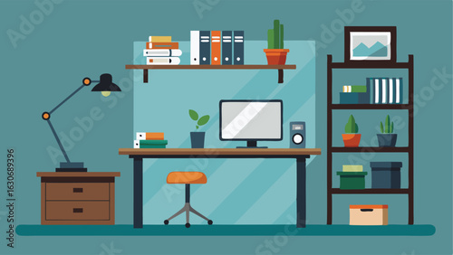 A home office with a sleek modern desk and an industrial style bookshelf featuring metal and wood shelves.