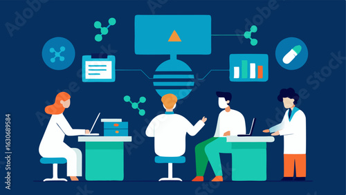 Data Analysis Hub Several scientists at a collaborative workstation analyzing genetic data on interactive screens while brainstorming solutions for preventative medicine.