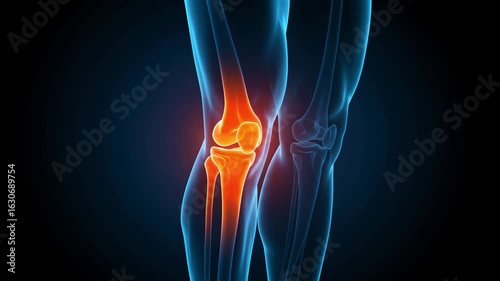 Knee Pain and Inflammation – X-ray of Human Knee Knee Joint with Red (Orange) Highlight. Blue glowing lines on Dark Blue background 3D render medical illustration	