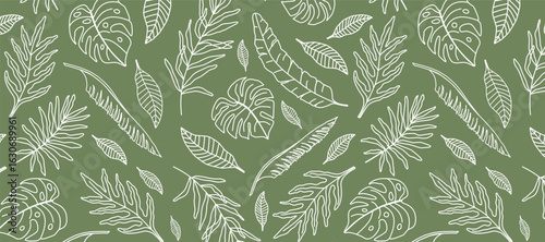 Seamless vector pattern with tropical leaves in hand-drawn style. White line art on trendy sage green background. Perfect for fabric, eco branding, wallpapers, packaging, wrapping, stationery.