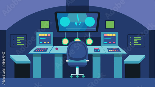 Control Station An advanced control station with multiple screens displaying realtime imaging data and patient information equipped with ergonomic chairs for technicians.