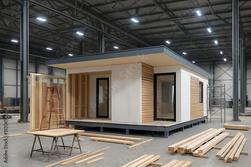 Modern prefab modular house construction inside warehouse with wood materials and tools. concept of contemporary architecture, prefabricated home design, efficient building process.