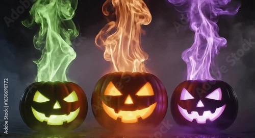 Glowing Jack O Lanterns With Colorful Smoke Rising in Spooky Halloween Atmosphere