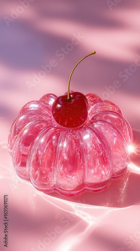 Glossy pink jelly dessert with cherry topping in sunlight