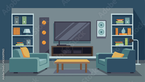 A large wallmounted television is the main focus of the media room while a comfortable gray sectional provides seating. A builtin media console and shelves keep the space