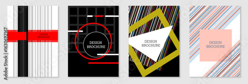 Geometric cover design, set. Abstract unusual background in the style of Memphis. Bright geometric shapes in random order