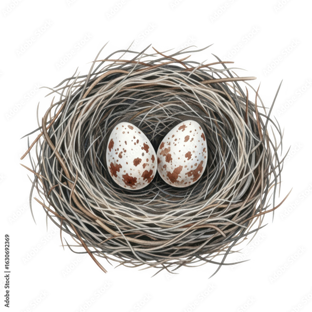 Obraz premium Two speckled eggs in a nest isolated on transparent background