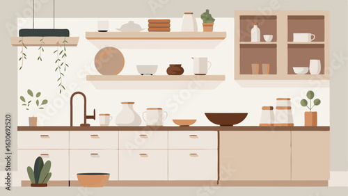 A minimalist kitchen with white cabinets and marble countertops. A mix of wooden and ceramic bowls and plates sit on display on open shelves adding a touch of bohemian earthiness