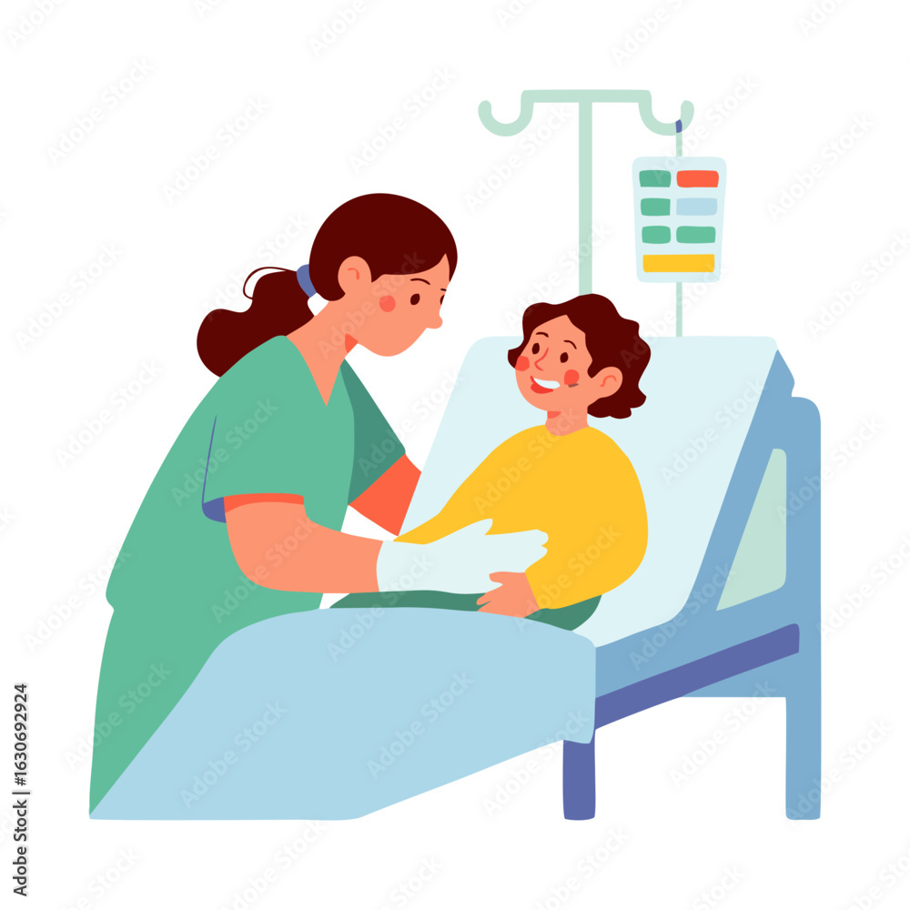 Bright-eyed child healing peacefully in hospital bed as gentle nurse provides heartfelt care and emotional support