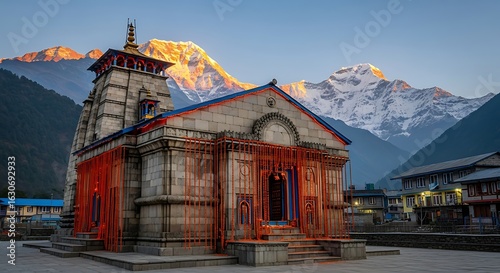 Ancient Hindu temple in Himalayan mountains, stone religious architecture at sunrise, sacred pilgrimage site with snow-capped peaks and golden morning light