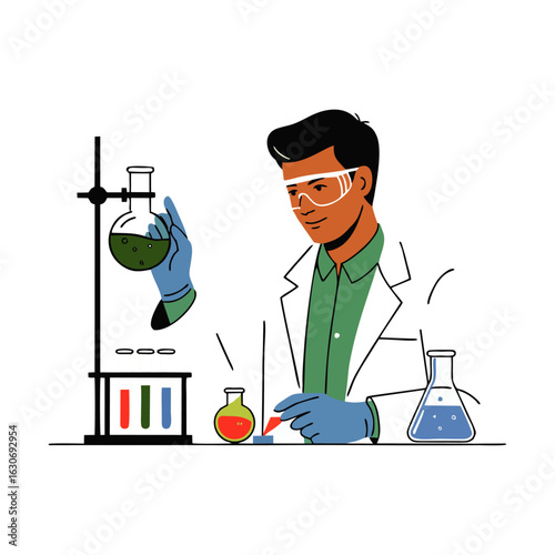 Focused Male Scientist Wearing Lab Coat Analyzing Lab Sample During Scientific Research Procedure in Laboratory
