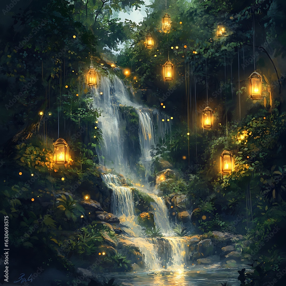 Naklejka premium Enchanted Forest Waterfall Lanterns Scene
