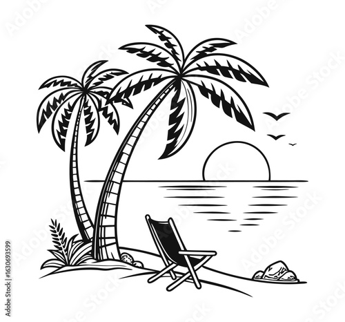 Tropical Beach Silhouette: Palm trees sway gently against a setting sun, casting long shadows across the beach as a lounge chair and beach umbrella provide a tranquil scene of paradise.