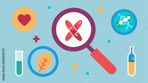 Chromosome Analysis A simplified graphic of chromosomes being analyzed under a magnifying glass accompanied by graphical representations of diabetes and heart disease icons.