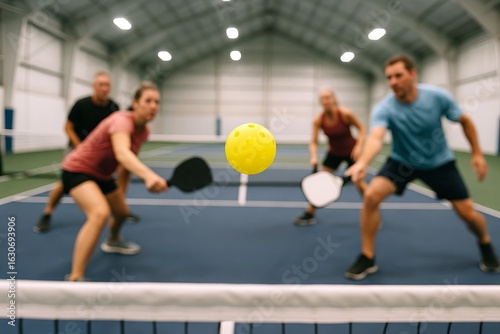 Group of adults playing pickleball on indoor court with focus on yellow ball. concept of active lifestyle, team sport, recreational activity