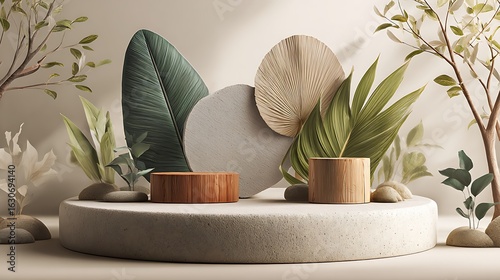 Natural-themed 3D podium mockup with simple round stand, beautiful leaf elements (banana leaf, palm), soft gradient white background, calming color palette, ultra-high detail