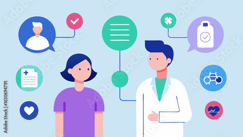 Family Health History Discussion The doctor and patient surrounded by floating icons representing family health like heart genes and lifestyle factors as they discuss the patients