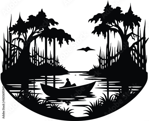 Quadro su tela Silhouette of bayou with boat / Boat drifting in swampy bayou