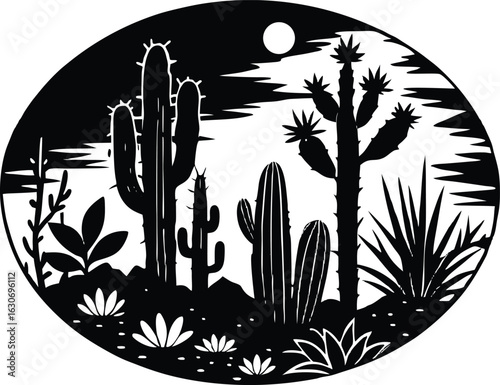 Silhouette of cactus garden / Desert cactus landscape
