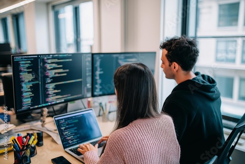 Two friends are working together on coding projects surrounded by computers and bright office spaces