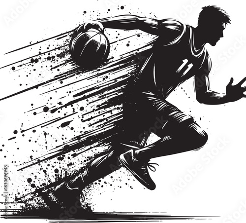 Dynamic black ink illustration of a basketball player dribbling with intense motion, expressed through splattered ink strokes, providing a sense of energy and fluidity to the artwork