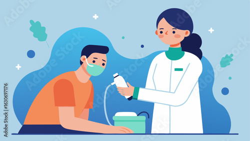 Cooling Therapy Application A depiction of a doctor applying a cooling device to a patients skin to soothe after a treatment with a serene expression on the patients face.