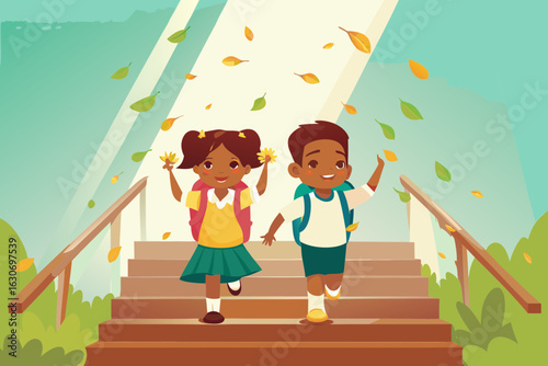 School staircase with kids holding flowers, leaves floating in air