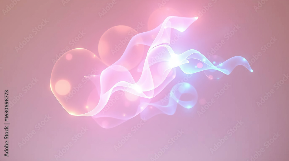 Obraz premium Abstract background of glowing, translucent wavy lines and dots of varying intensity. Dynamic wavy lines of varying transparency that create a sense of movement and depth. The lines intersect and form