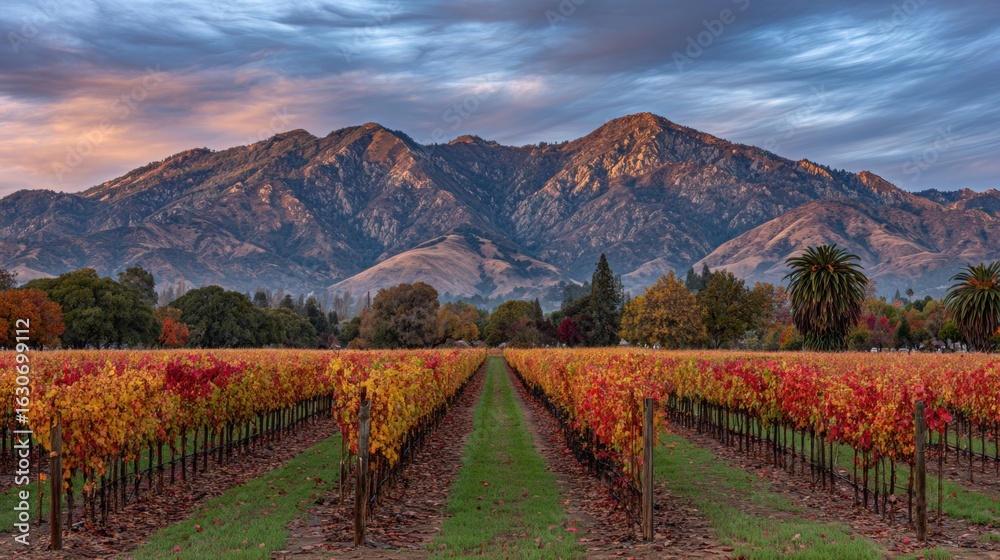 Fototapeta premium An expansive vineyard in the autumn season, capturing the beauty of nature with colorful fall foliage, with a mountain landscape. 