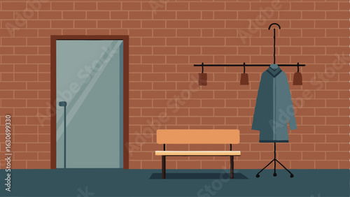 A hallway with a distressed metal bench and a minimalistic coat rack against a brick wall.