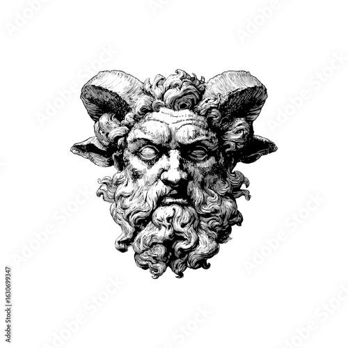 Engraving style illustration of ancient satyr sculpture head with curly beard and horns in black and white on transparent background – Mythology vector for history books, fantasy game design, and muse