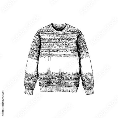 Engraving style illustration of a patterned knit sweater in black and white on transparent background – for winter apparel catalogs, holiday greeting cards, and cozy product branding