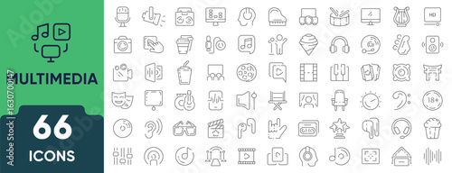 Multimedia line icon set. Includes 66 outline icons related to video, audio, music, images, streaming, media files, and digital content. Linear icon collection. Editable stroke.