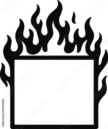 Black and White Vector Icon of a Flaming Rectangular Frame