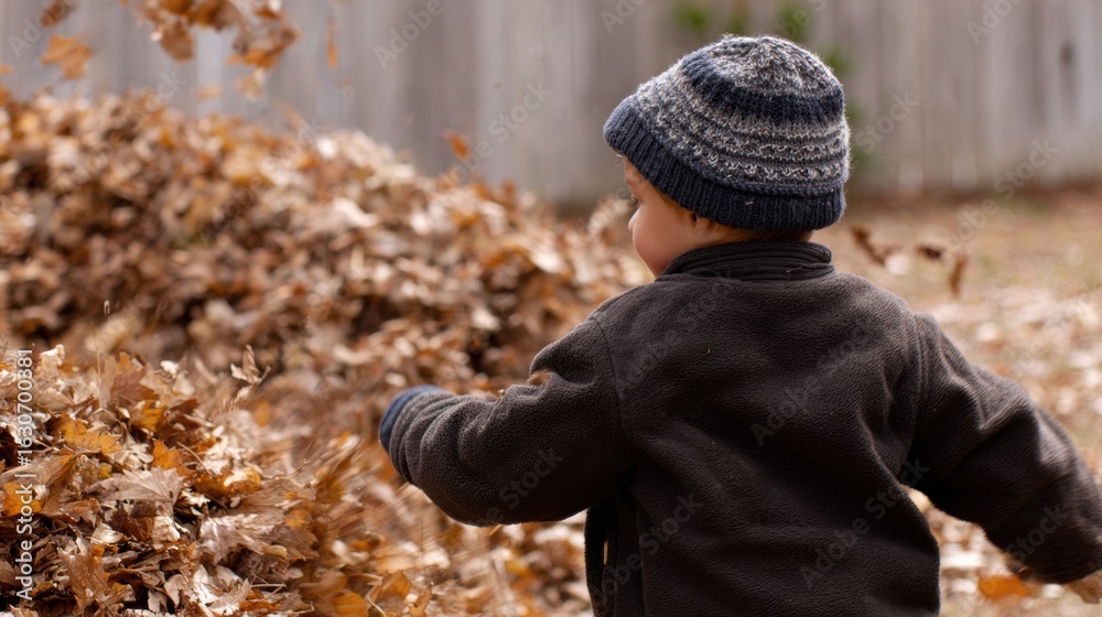 Fototapeta premium A child playfully revels in the rustic beauty of autumn, flinging a cascade of vibrant leaves into the crisp air, showcasing the joy of childhood in a natural outdoor setting.