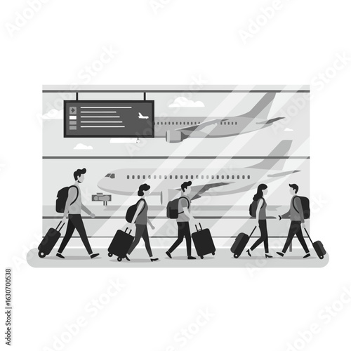 A diverse group of travelers walks with their luggage through a modern airport terminal, with an airplane visible outside, depicted in a grayscale illustration.